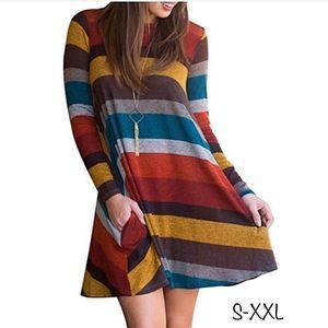 Cozy Striped Dress Tunic Pockets S-XXL
